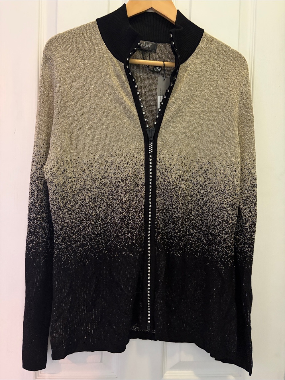 Belldini Gold-to-Black Ombre Zip Cardigan with Rhinestone Trim